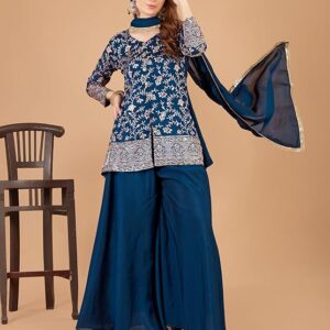 Xomantic Fashion Womens Beautiful Silk Short Kurta Palazzo in Blue with embroidery and sequins work with show buttons
