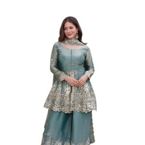 Women's Satin Silk Plazoo Set with Dupatta | Embroidered Short Kurti with Half Sleeves | Party, Ethnic Dress for Wedding, Haldi & Festive Occasions