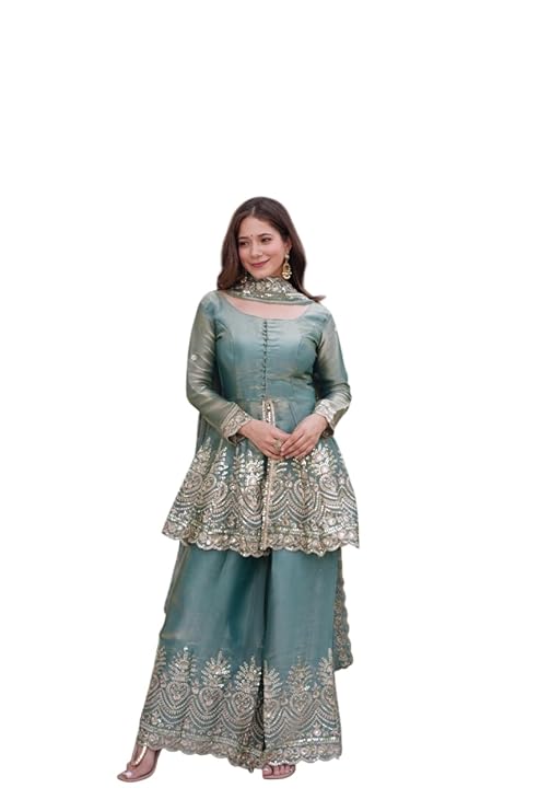 Women's Satin Silk Plazoo Set with Dupatta | Embroidered Short Kurti with Half Sleeves | Party, Ethnic Dress for Wedding, Haldi & Festive Occasions