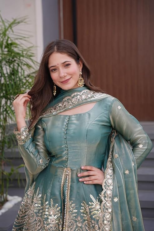 Women's Satin Silk Plazoo Set with Dupatta | Embroidered Short Kurti with Half Sleeves | Party, Ethnic Dress for Wedding, Haldi & Festive Occasions - Image 4