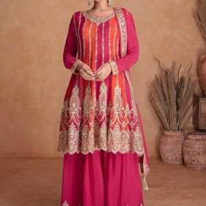 Women’s Heavy Embroidered Salwar Suit Kurta Set with Dupatta | Wedding & Traditional Ethnic Dress | Full Sleeve Kurti Palazzo Set – Rani Pink Orange (SSW-1132-Pink)