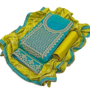 Women's Heavy Cotton Embroidery Codding Work Unstitched Salwar Suit Dress Material With Dyable Chanderi Sequence Work Dupatta (Free Size_Multi Color)
